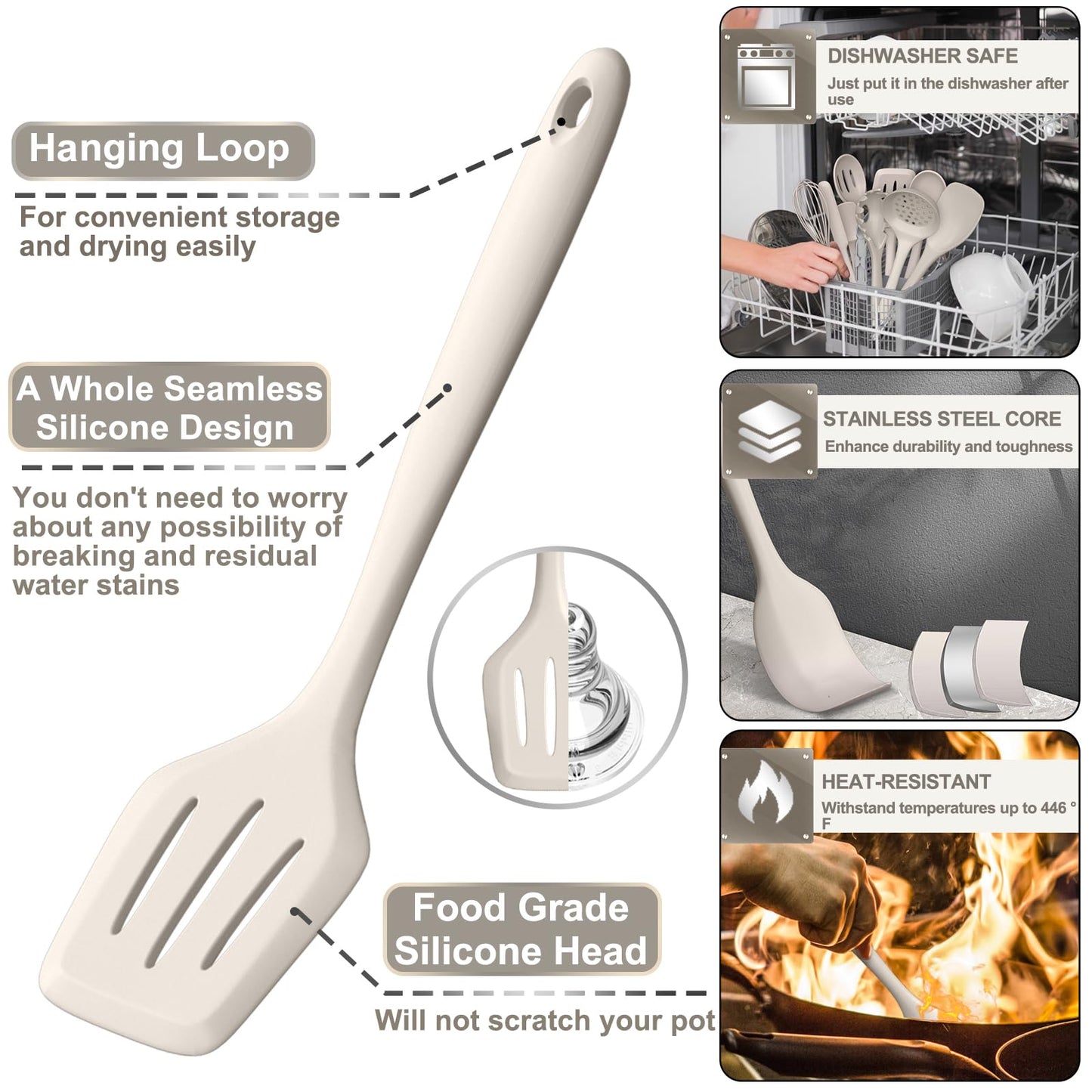 Silicone Kitchen Utensils Set, AIKKIL 43 Pcs Heat Resistant Cooking Utensils Set, Turner, Tongs, Spoon, Spatula, Kitchen Gadgets Tools Set for Nonstick Cookware, Khaki(Dishwasher, BPA Free)