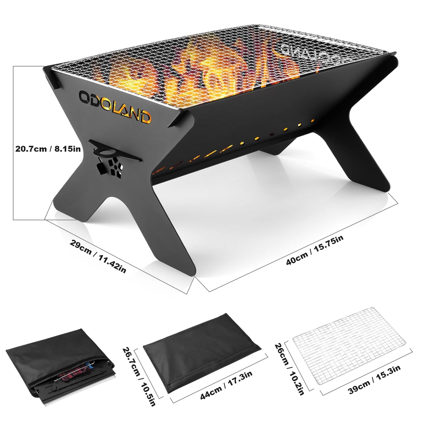 Odoland Portable Fire Pit for Outdoor Garden, 2 in 1 Wood Burning Fire Pit Grill with Detachable Cooking Grate for Outside, with Carry Bag