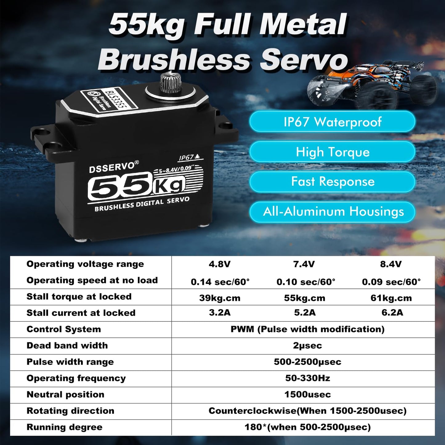 Brushless Servo 55KG Servo Full Metal High Torque Servo Digital RC Servo Motor for TRX4 TRX6 SCX10 III VS4-10 GEN7 1/10 RC Crawler Car Upgrade Parts High Torque Waterproof 180°