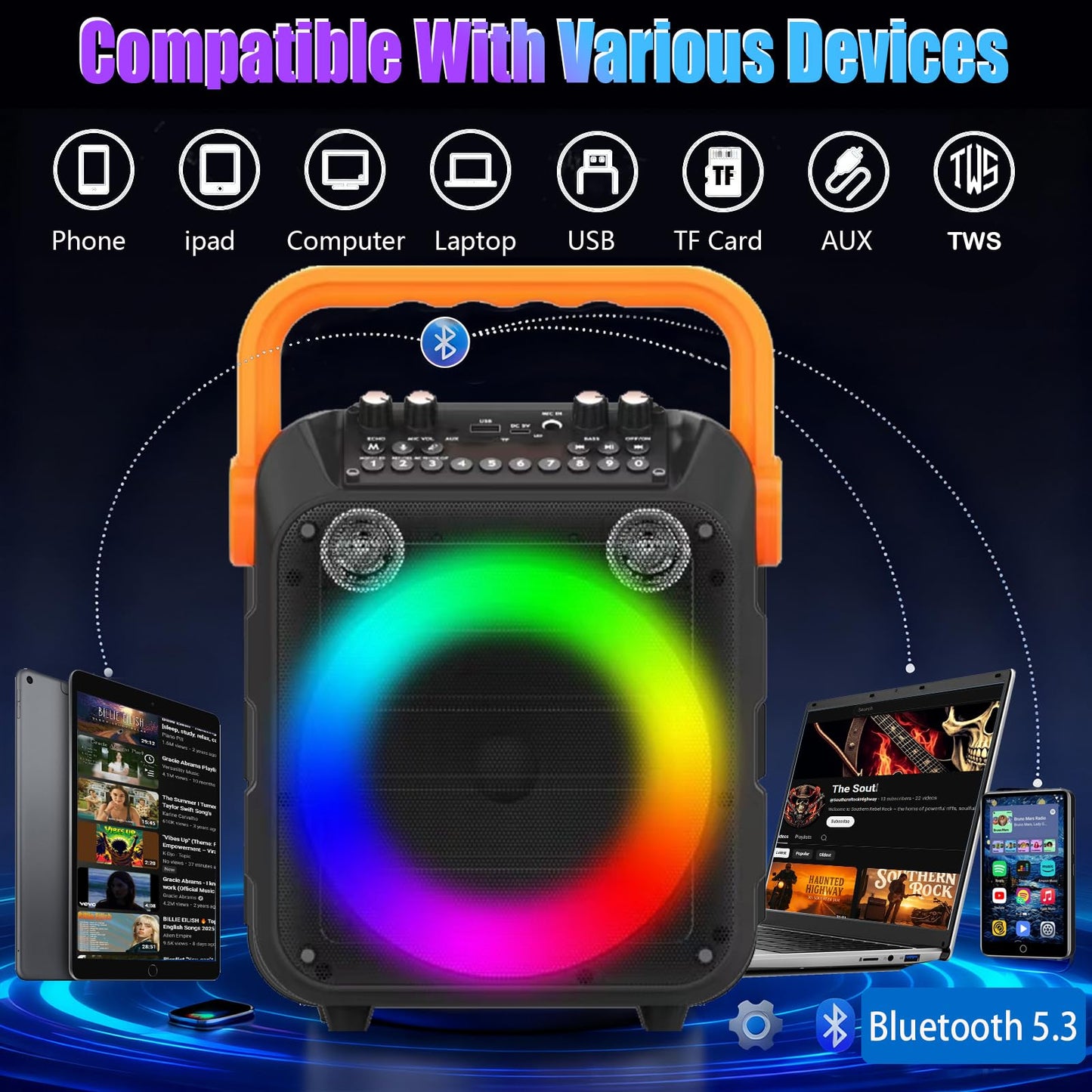 Karaoke Machine with 2 Wireless Microphones, Portable PA Speaker with Dynamic LED Lights, Support TWS REC/FM/AUX/USB/TF Playback for Home Parties Outdoor Events | for Adults and Kids (Orange)