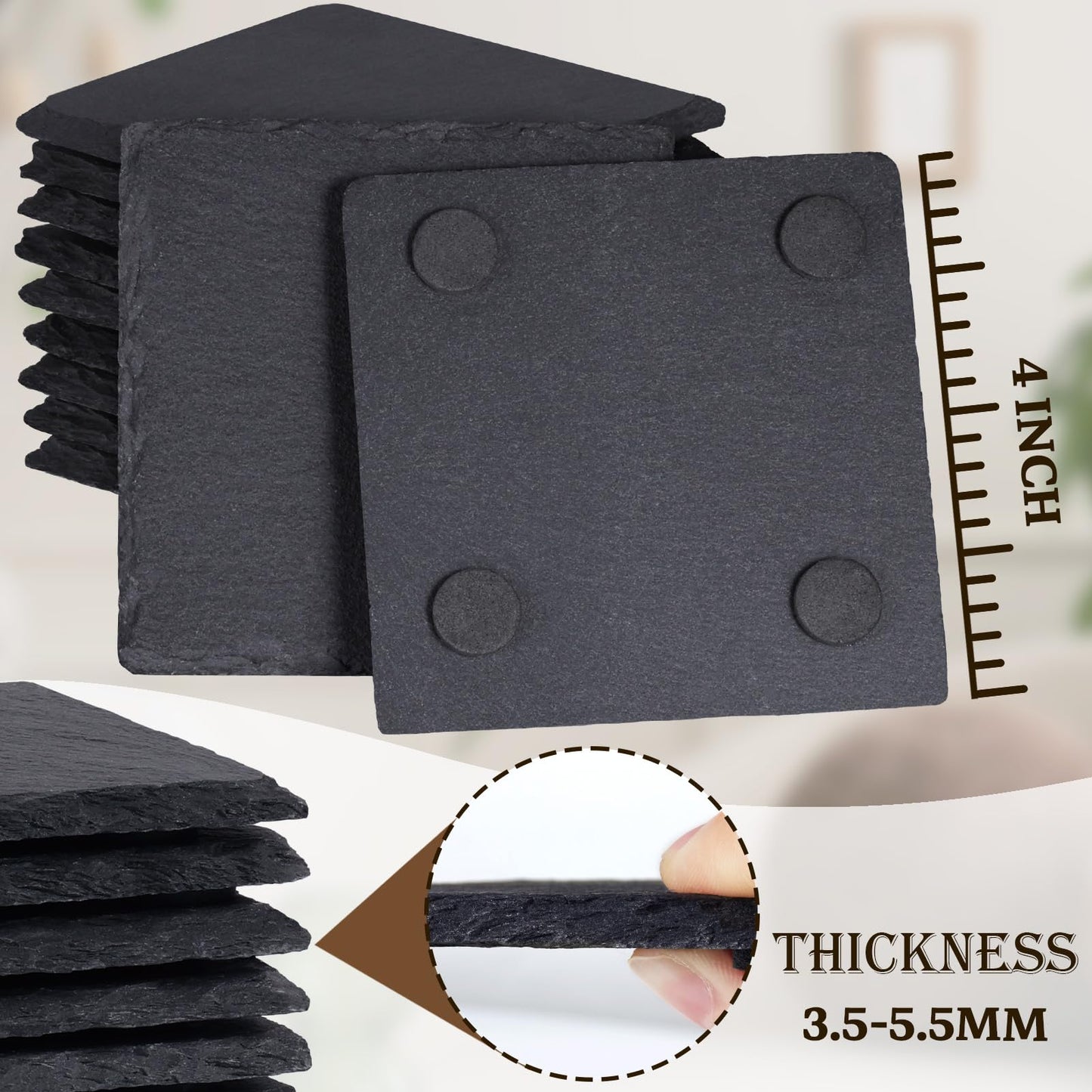 60 Pieces Slate Drink Coasters, GOH DODD 4 Inch Black Coasters Stone Coaster Set, Laser Engraving Blanks with Anti-Scratch Bottom for Home Office Kitchen Bar Housewarming Gifts Wedding Party, Square