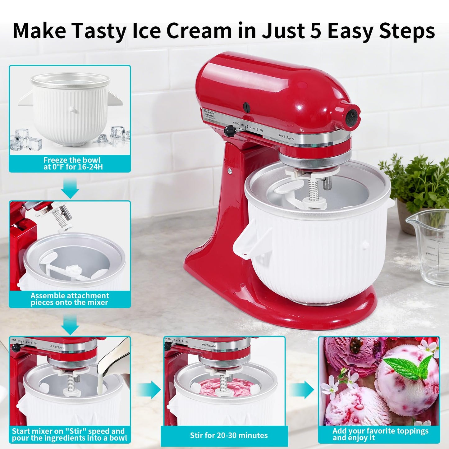 Ice Cream Attachment for Kitchenaid Stand Mixer, Ice Cream Bowl Compatible with Kitchenaid 4.5-5Qt Stand Mixer and 5-6-7Qt Bowl-Lift (with lid)