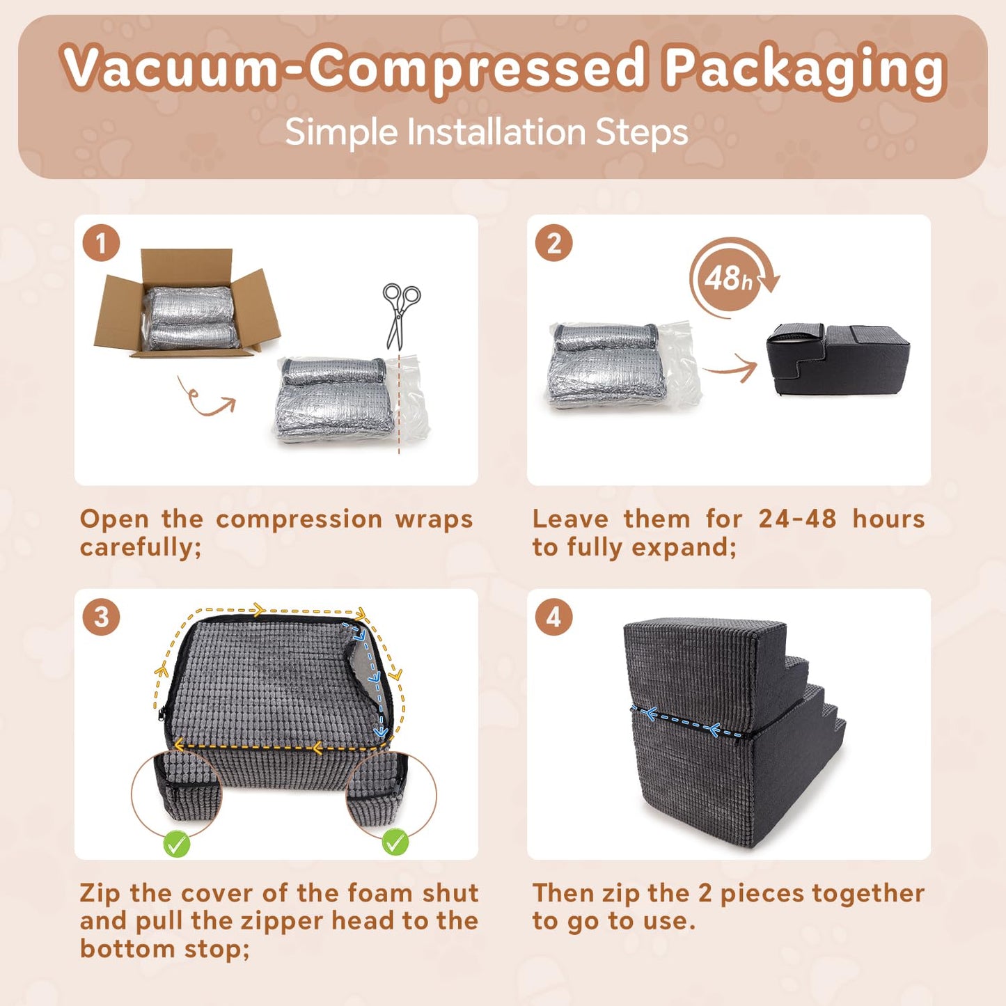 Pet Stairs Ramp for High Beds and Couch for Dogs to Get on Bed - 4 Steps Foldable Stairs for Small Dogs and Old Cats - Foam&Non-Slip&Washable by Sytopia, Grey, 2/3/4/5 Steps