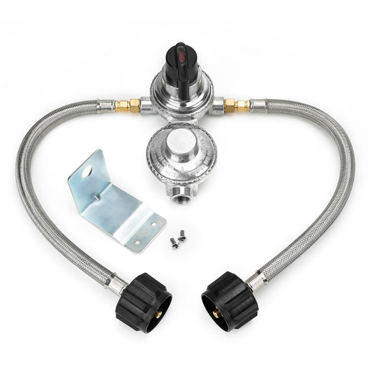 Onlyfire RV Propane Regulator for Dual Tanks, 2 Stage Auto Changeover LP Propane Gas Regulator with 2PCS 15 Inch Pigtails Propane Hoses for RVs, Vans, Trailers
