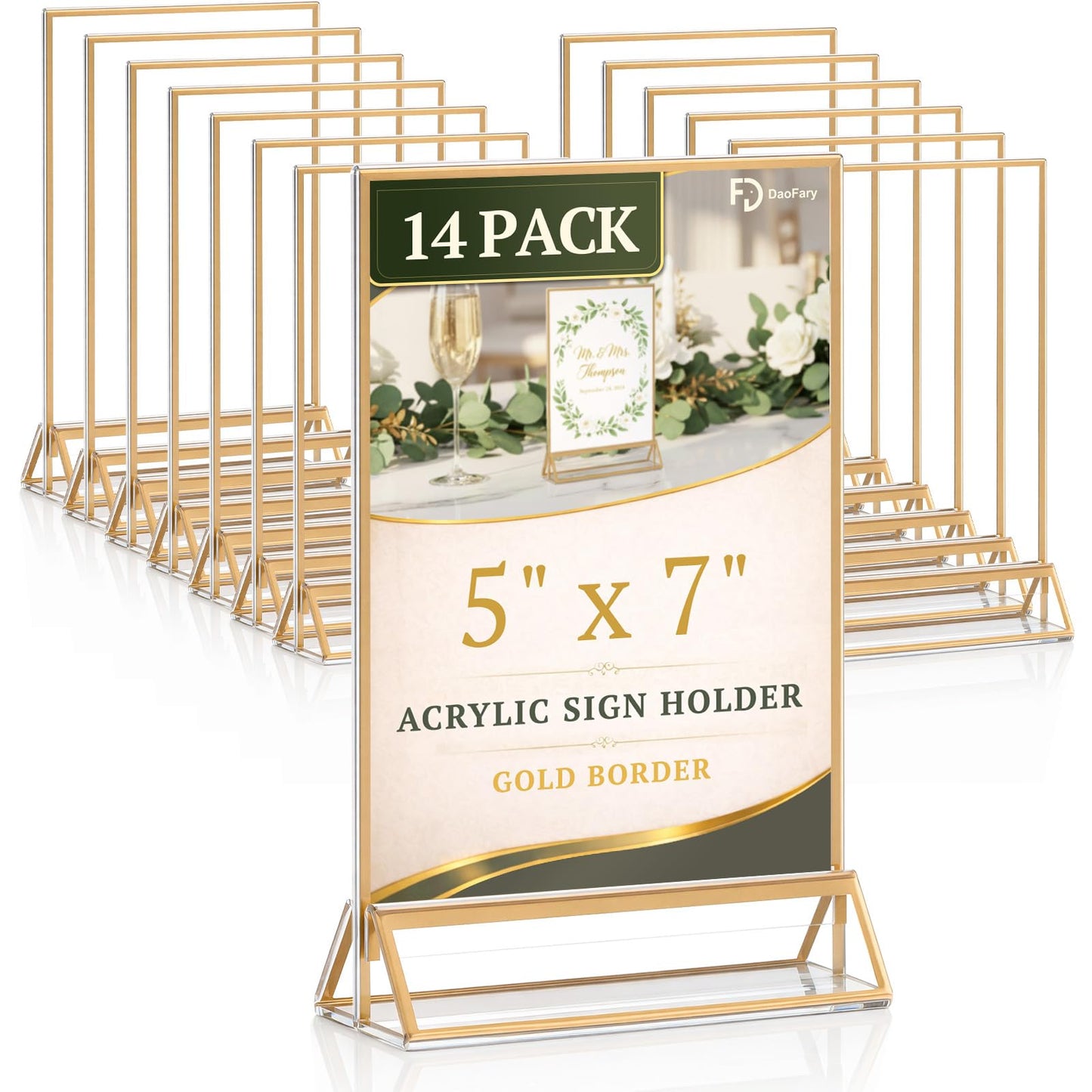 Acrylic Sign Holder, Double Sided Gold Picture Frame Stand up Table Top Sign Holders, Clear Display Stand Menu Flyer Holder for Wedding Party (14 Pack 5 x 7 Inch)