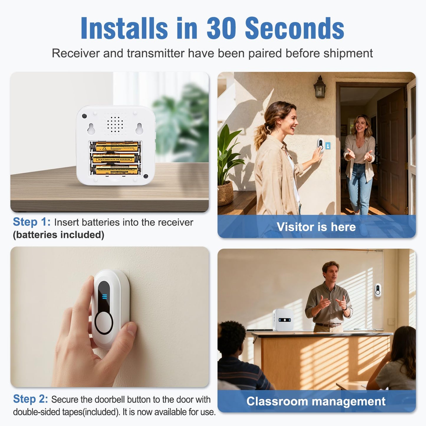 DAYTECH Wireless Doorbell Battery Operated Door Bell 800 Feet Portable Door Bells with Waterproof Doorbell Button for Home/Garage/Apartment/Office, Easy Installation, 2 Push Buttons 1 Receiver