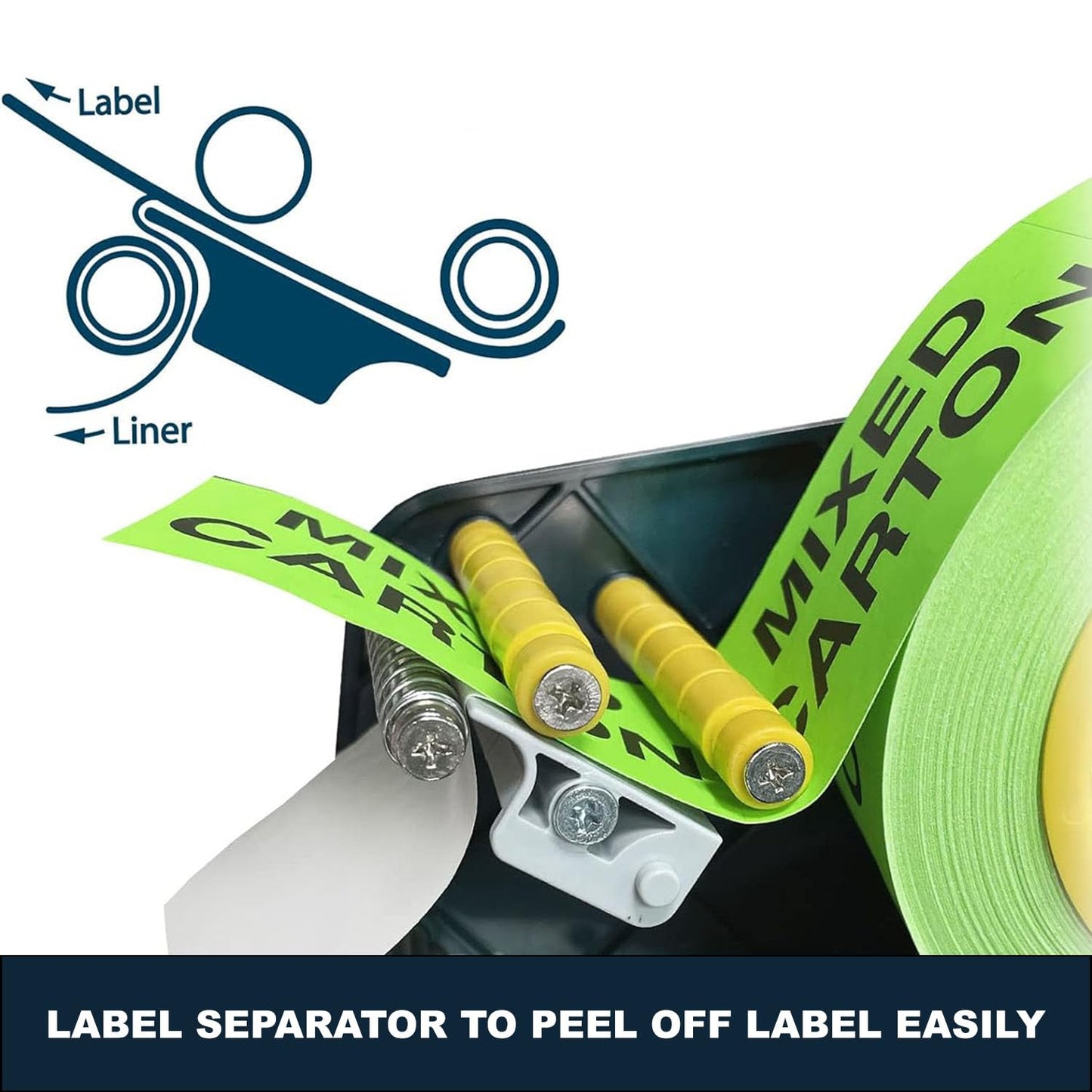 MDJ by Excell Manual Label Sticker Dispenser with 4 Suction Cups Base for Tabletop, Adjustable Holder for Multiple Rolls for Office, Home, School, Warehouse, Easy Peel Off, Fits up to 3" Wide Labels