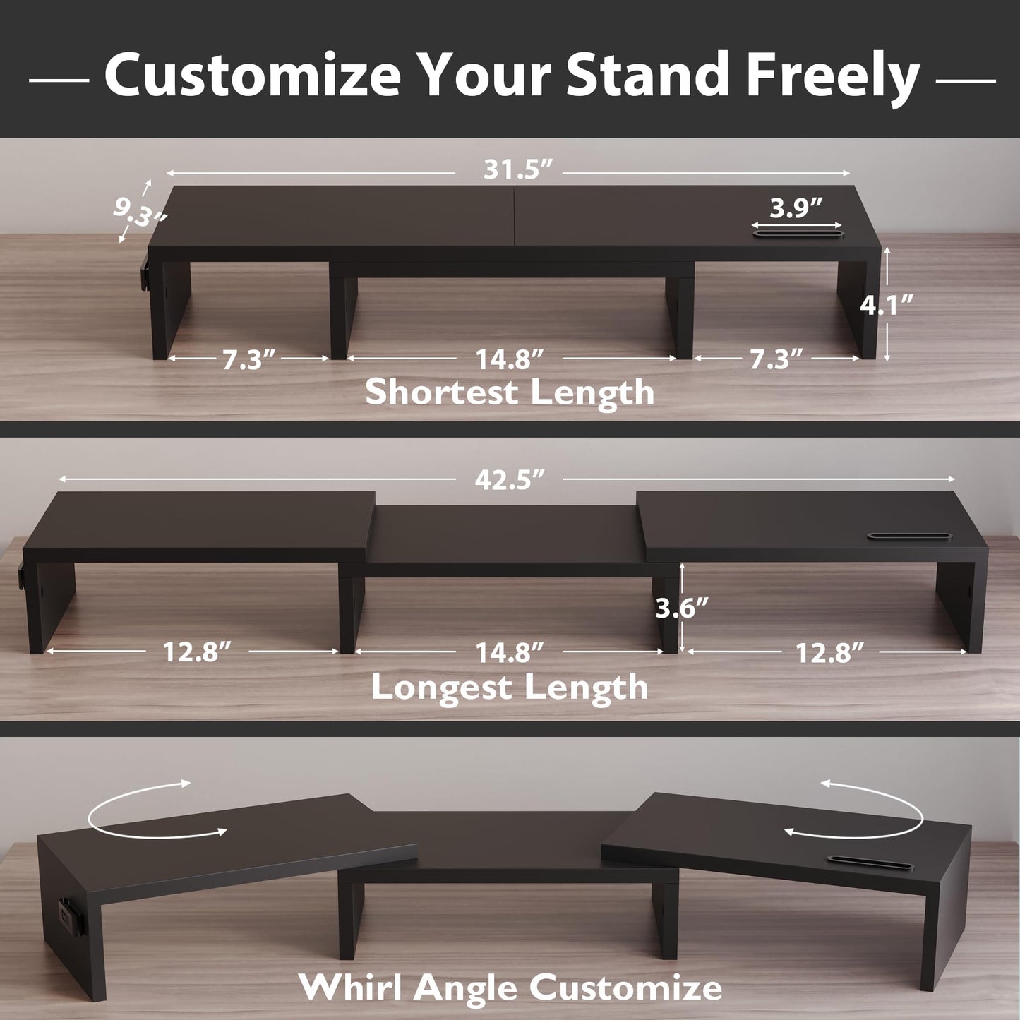 BONTEC Dual Monitor Stand for Desk, Adjustable Length and Angle Monitor Stand Riser with Smartphone Holder, Desk Shelf for Top of Desk, Computer Monitor Stand with Storage, Office Desk Organizer