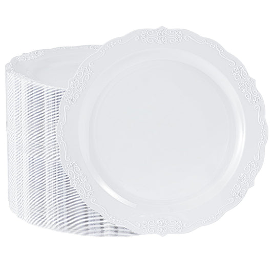 Conflech 100 Pieces White Plastic Plates - 10.25inch Dinner Disposable Plates - Premium Heavy Duty Hard Disposable Dinner Plates - Party Supplies for Birthdays, Celebrations, Wedding
