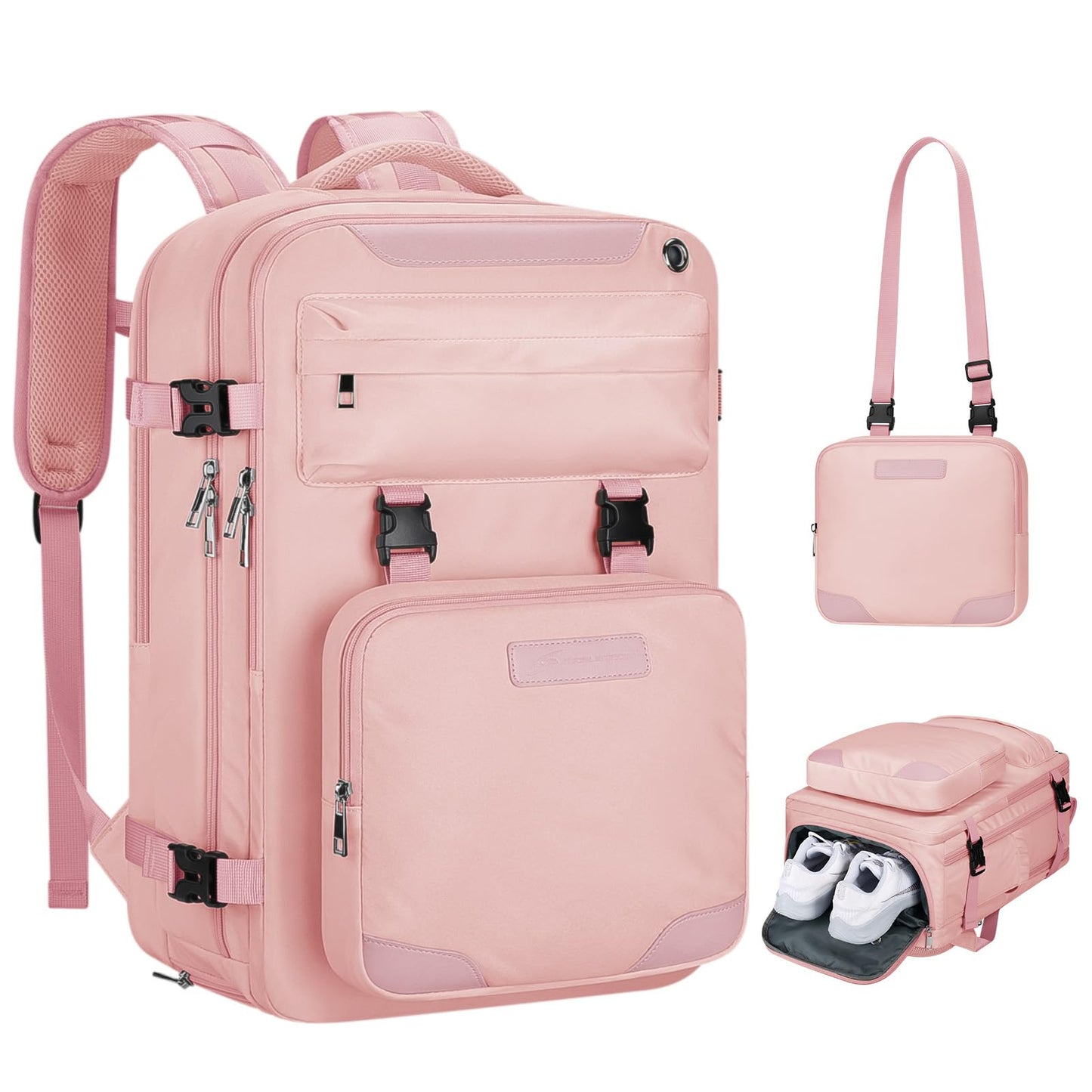 Maelstrom Travel Backpack for Women Men, 25/35L Laptop, Carry On Backpack with Crossbody, Shoe & Toiletry Bag (pink, 15.6inch)