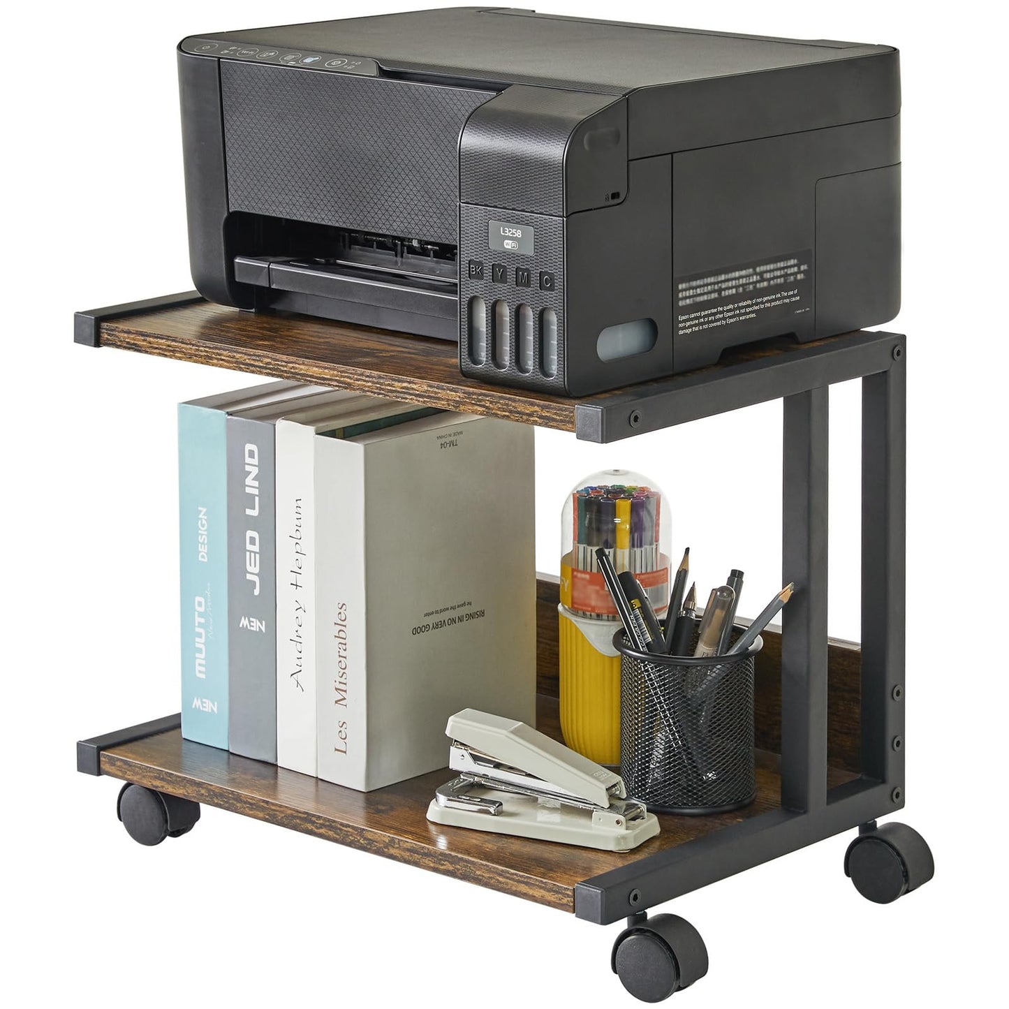 IBUYKE Under Desk Printer Stand,2 Tier Printer Cart,Mobile Home Desktop Organizer Shelf with 4 Wheels,for Fax, Home Office Use，Rustic Brown TLJ007H