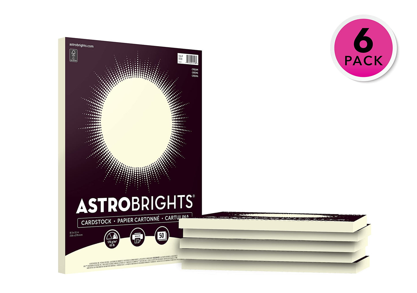 Astrobrights Colored Cardstock, 8.5" x 11", 65 lb/176 GSM, Cream, 50 Sheets (Pack of 6) - 300 Sheets in Total (91518)