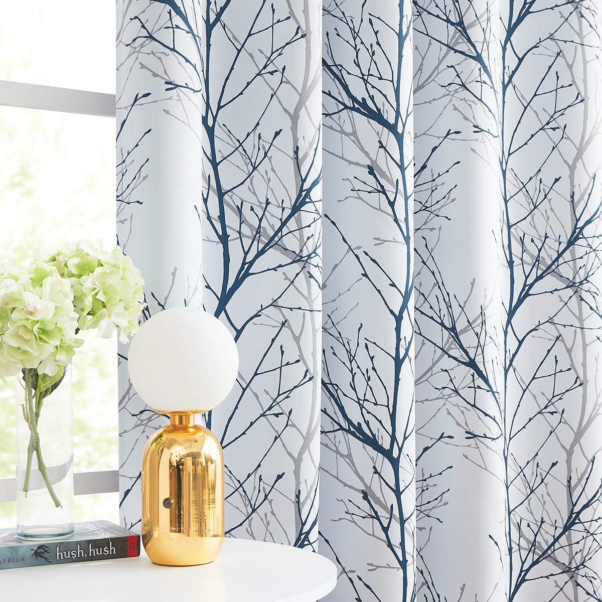 FMFUNCTEX 100% Blackout Curtains for Bedroom, Blue on White Curtains 84 Inches Long for Living Room, Tree Branch Pattern Print Curtain Panels, Thermal Insulated Drapes Grommet Window Curtains 2 Panels