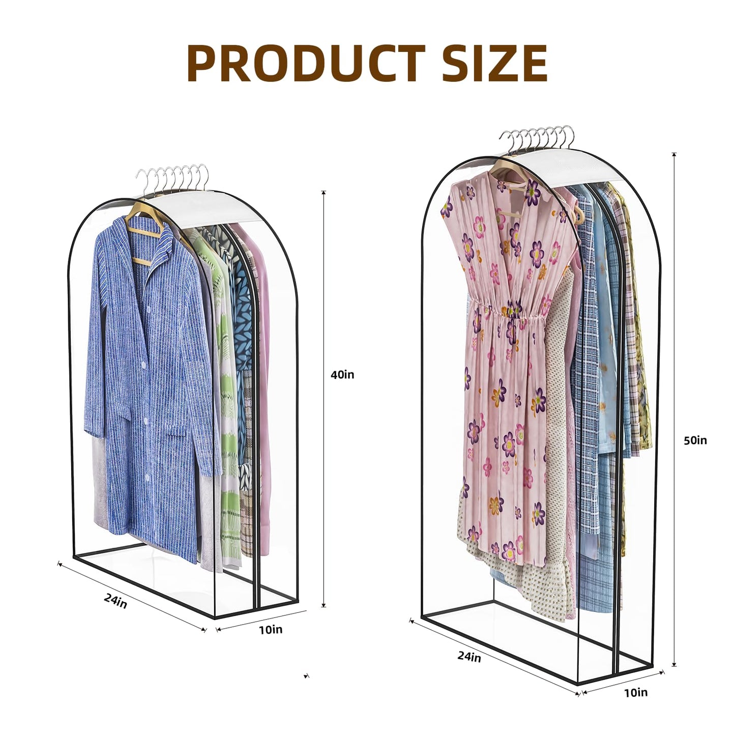 Jollygleam Upgraded Thickened Clear Garment Bags for Hanging Clothes 4 Packs, 10“ Gusseted Clothes Hanging Storage Bags for Closet, Shirts, Coats, Dresses (40 & 50 inch)