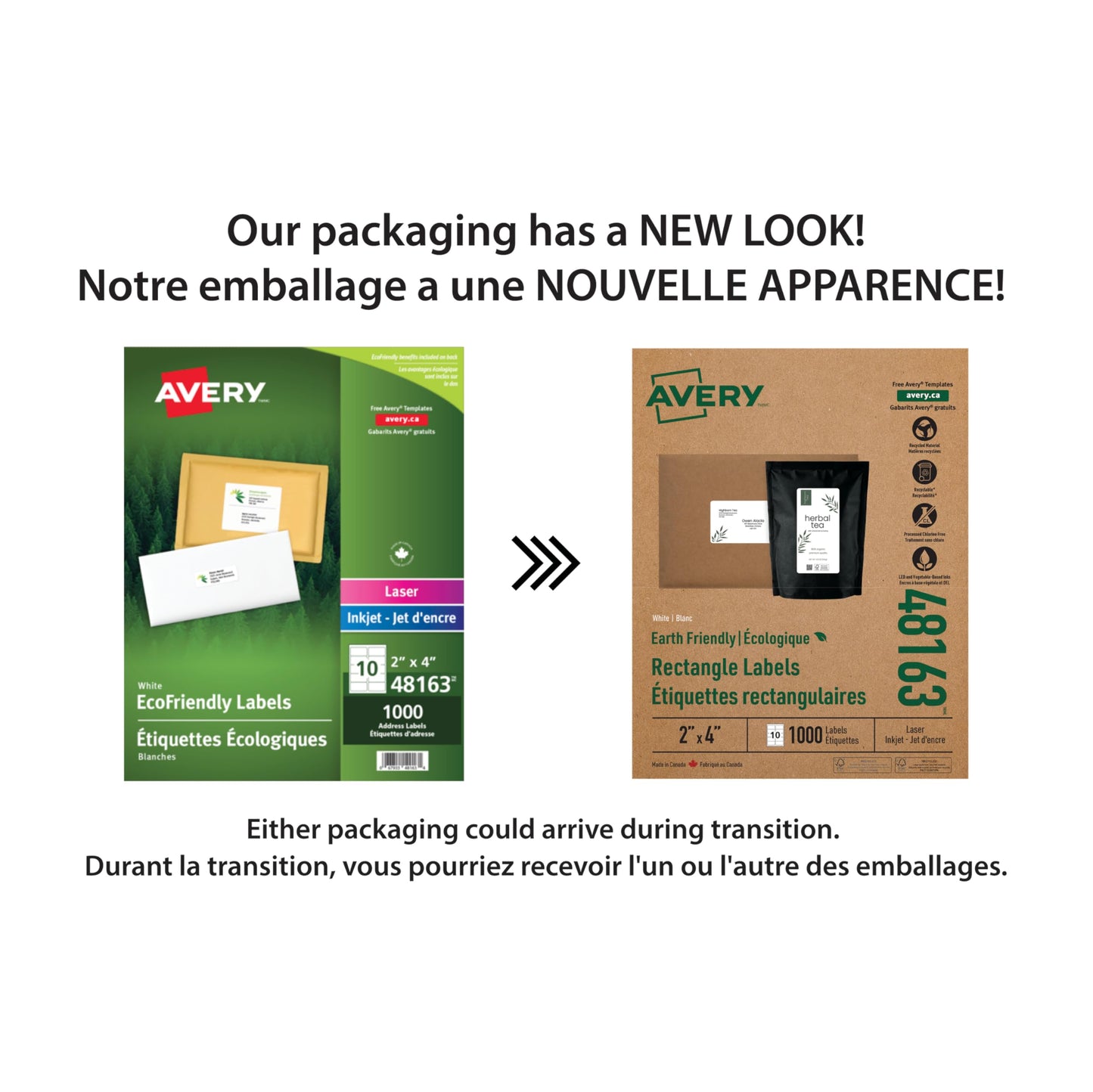 AVERY White Ecofriendly Mailing Labels, 2" x 4", White, Rectangle, 1000 Labels, Permanent (48163) Made in Canada