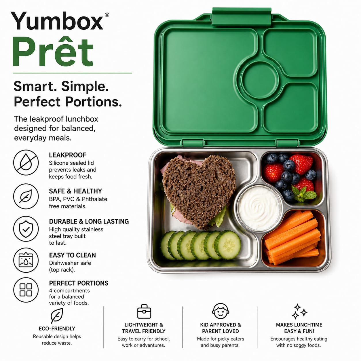 Yumbox Prêt Stainless Steel Bento Box with Leakproof Lunch Container, Sandwich Friendly Tray, Lunch Box for Kids, Adults, Travel (Dublin Green)