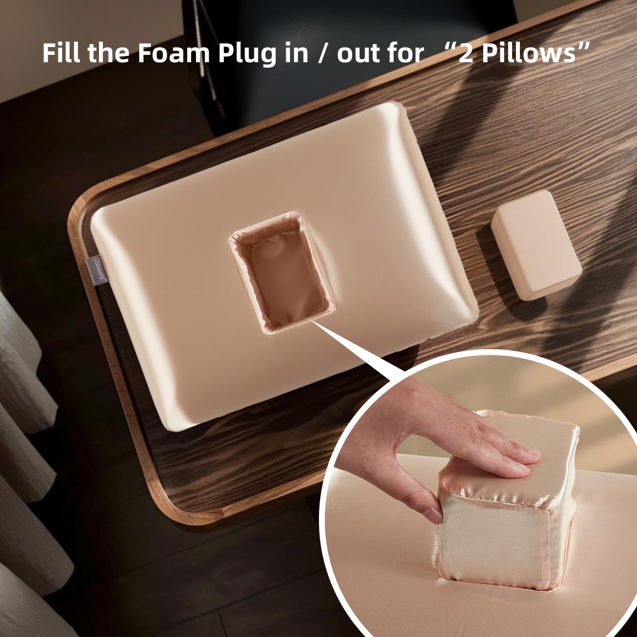USlixury Piercing Pillow - Ear Piercing Pillow with Foam Plug, 4''H Mini Donut Plilow with 4.7x3.2 Off Center Ear Hole, CertiPUR-US Memory Foam Hole Plilow for Side Sleeper, Satin Cover, Champagne