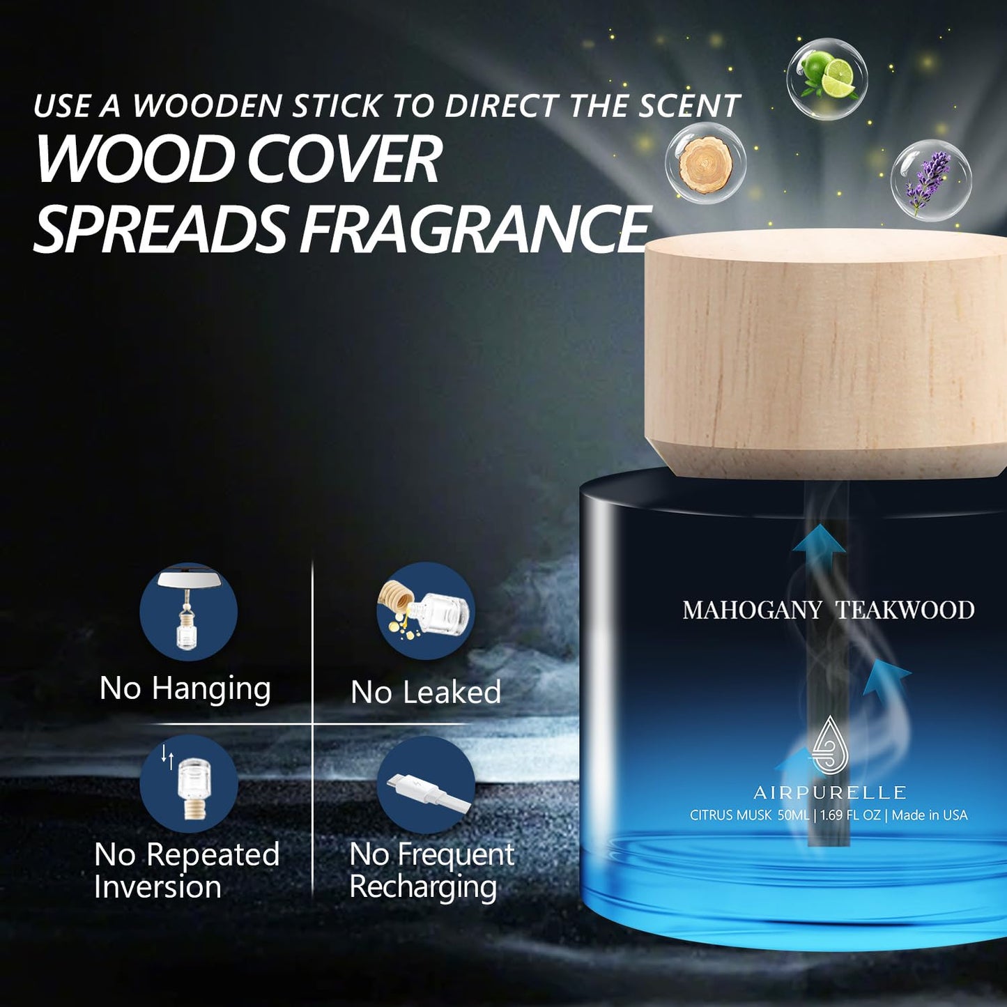 Car Air Fresheners 50ML (1.7 FL OZ) – Mahogany Teakwood Car air Freshner Long Lasting Essential Oil Diffuser, Perfume Inspired Air Freshener for Car, Safe Wooden Cup Holder Design, Made in USA