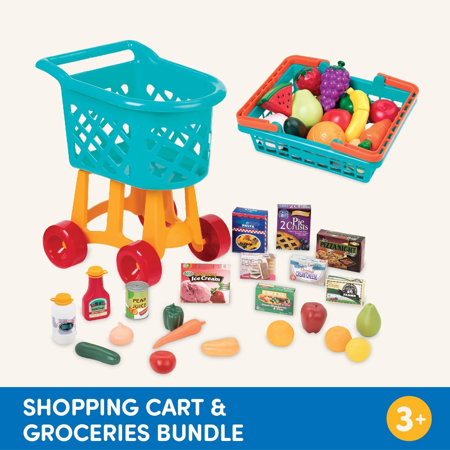 Battat – Deluxe Grocery Playset – Toy Food for Toddlers – Shopping Cart Toy – 20+ Pretend Food Items – 3+ Years– Shopping Cart & Groceries Bundle