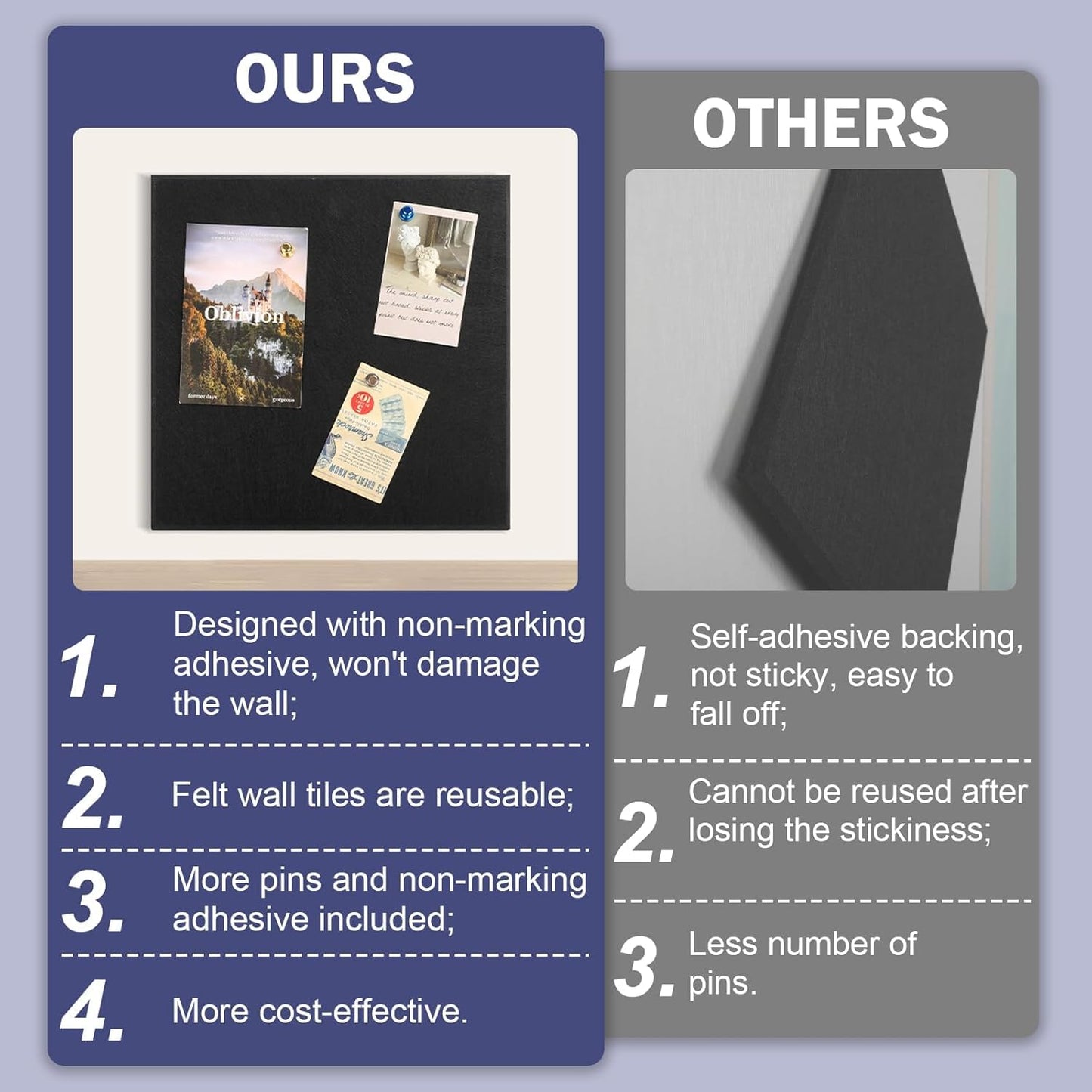 Large Cork Board Alternative, 47" x 35" Black Bulletin Board, 12-Pack Felt Wall Tiles with 60 Pushpins, Safe Removable Adhesive Tabs, Cork Boards for Office/Home Push Pin Board Tack Board Felt Board