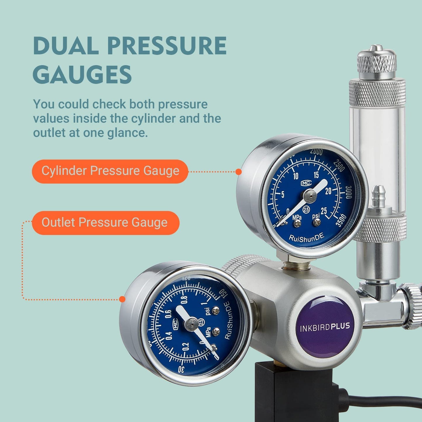INKBIRDPLUS 12V DC CO2 Regulator with Dual Gauges, Bubble Counter with Check Valve and Solenoid Valve with Non-Leaking Design for Aquarium, Planting, Brewing