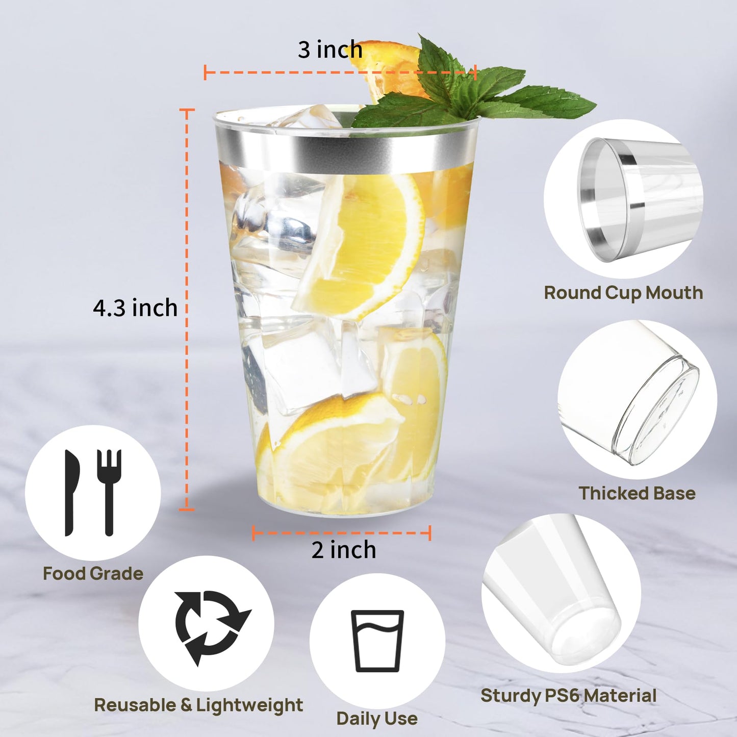 Byvivace [200 Pack 12oz Clear Plastic Cups with Silver Rimmed Sturdy & Food Safe Disposable Wine Glasses Party Cups Wedding Cups Disposable Drinking Cups for Wine, Juice, Cocktails and Cold Beverages