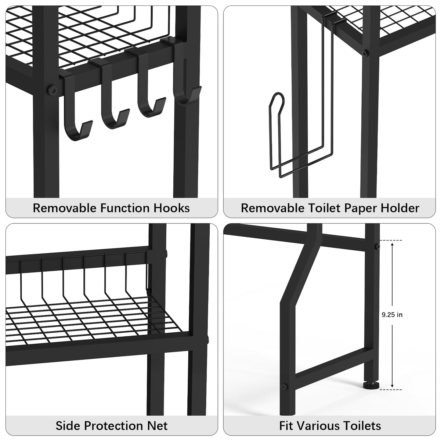 YBING Over The Toilet Rack 3 Tier Bathroom Shelf Over Toilet Storage Organizer Freestanding Above Toilet Storage Rack with Metal Frame and Hook Bathroom Stand and Space Saver Shelf,Black