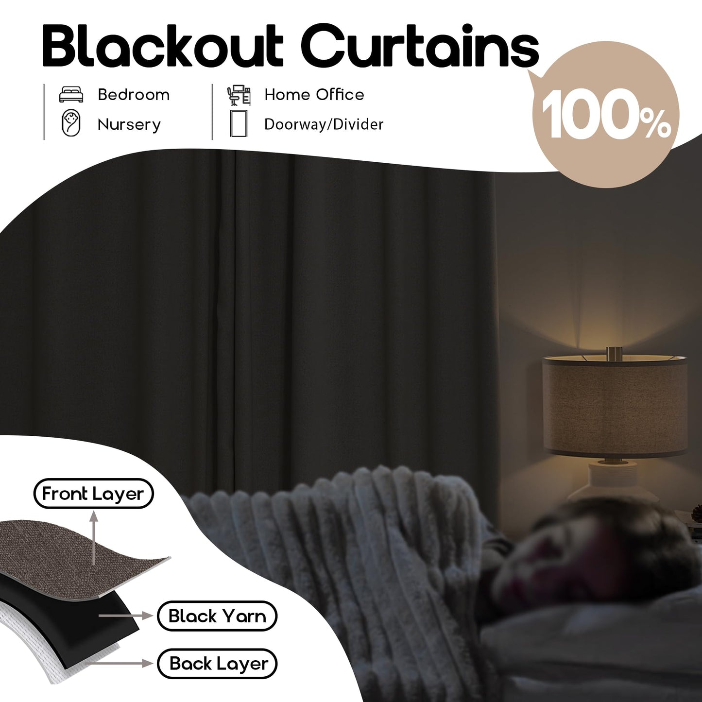 SHINELAND Brown Linen Curtains 96 Inch Long 2 Panels Black Out Curtain for Bedroom Living Room Dining 100% Blackout Room Darkening Dark Curtains Back Tab with Insulated Liners, Dark Brown