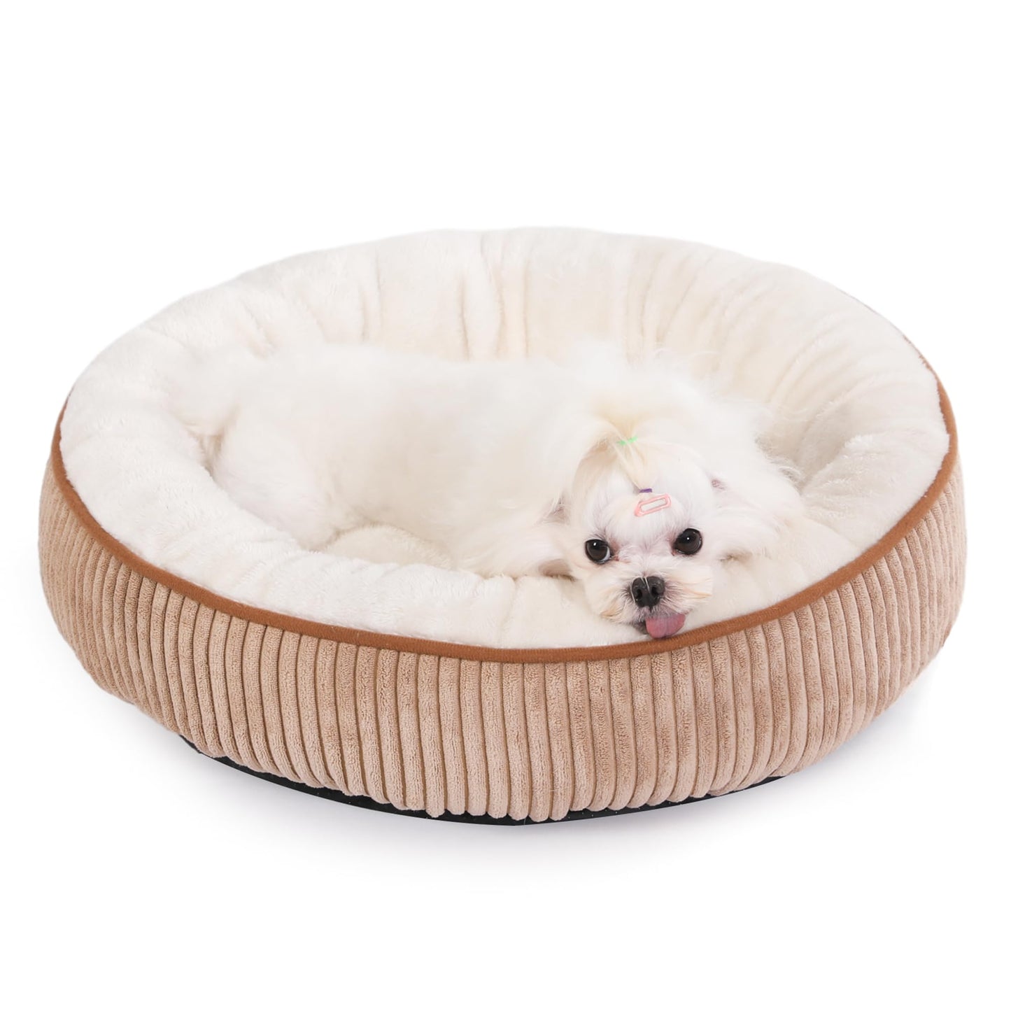 Bedfolks Donut Cat and Dog Bed,20 Inches Calming Round Dog Beds for Small Dogs,Washable Anti Anxiety Cuddler Puppy Bed with Non-Slip Bottom(Brown,XS)