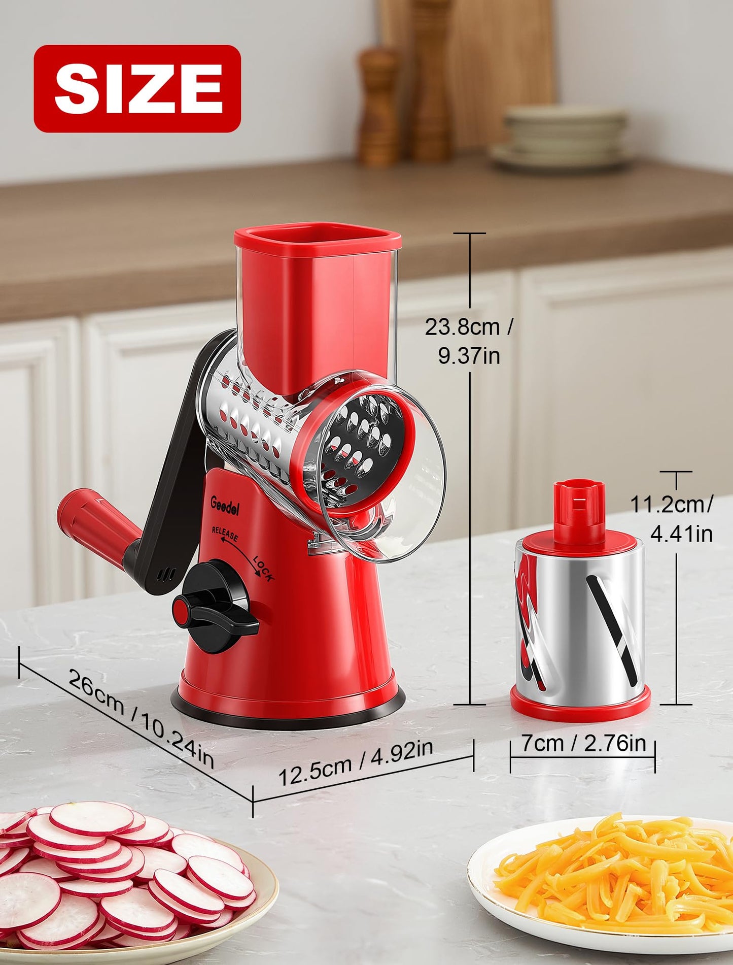 Geedel Rotary Cheese Grater Vegetable Shredder with 6 Interchangeable Blades No Slip Suction Base, Mandoline Slicer & Food Chopper for Cheese, Ice, Nuts, Vegetables, Veggie