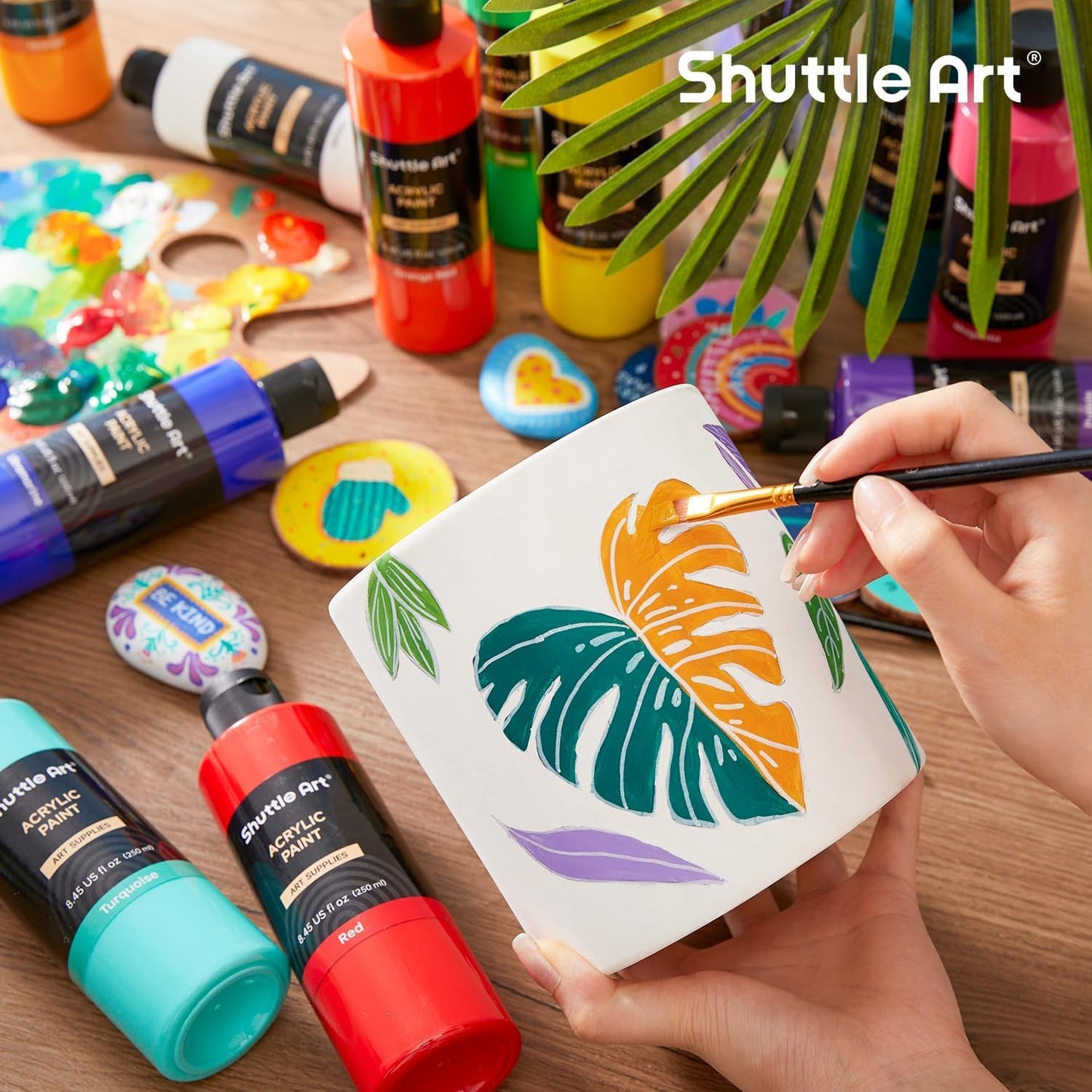 Shuttle Art Acrylic Paint, 24 Colors Acrylic Paint Bottle Set, 250ml/8.45oz Each, Rich Pigments, High Viscosity, Bulk Paint for Artists, Beginners and Kids Painting on Rocks Crafts Canvas Wood Ceramic
