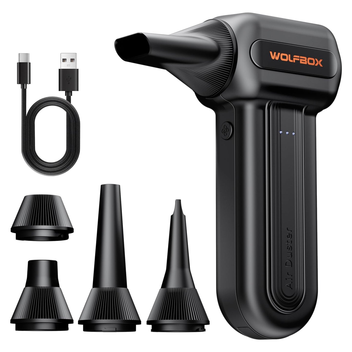 WOLFBOX MF60 Compressed Air Duster -110000RPM Super Power Electric Air Duster, 3-Speed Adjustable Rechargeable Cordless Air Blower with Fast Charging for PC Keyboard Cleaning, Car, Home, 5 Nozzle