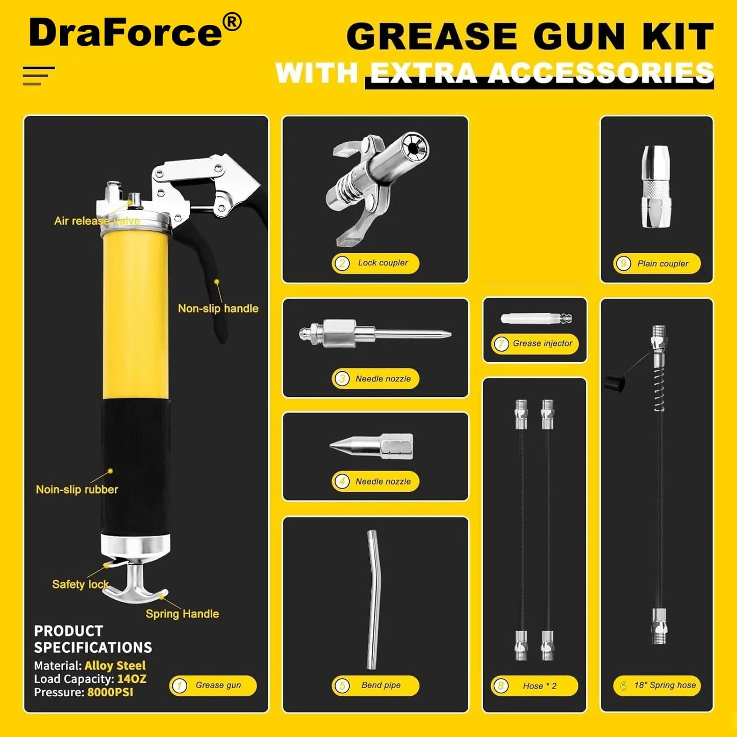 10 Pack 400cc Heavy Duty Yellow Pistol Grip Grease Gun Kit - 14oz, 8000 PSI Manual Grease Gun with Hose, Coupler, Nozzle