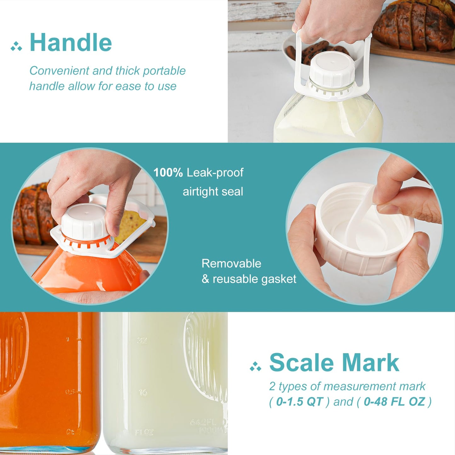 2 Pack 64 Oz Heavy Duty Glass Milk Jugs with 2 Spouts and Reusable Airtight SCREW LID - 2 Qt Water Bottle with Handle - Water Pitcher with Lid - 1/2 Gal Glass Jars with Scale Lines