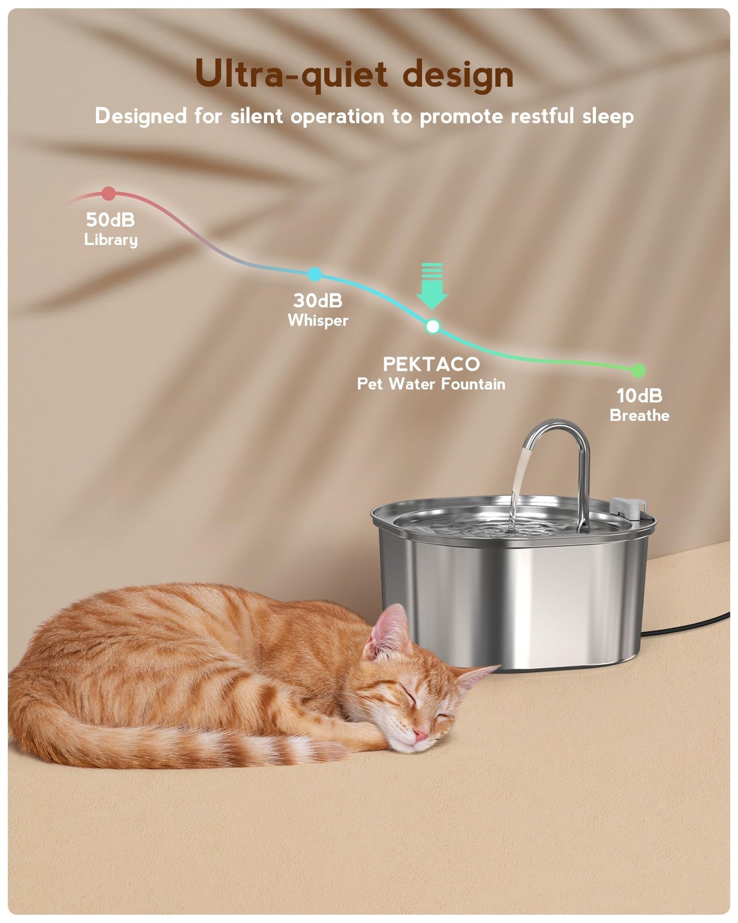 PEKTACO Cat Water Fountain - Automatic Pet Water Fountain Dog Water Dispenser Replacement Filters, 3.2L/108oz Stainless Steel Water Fountain for Cats Inside
