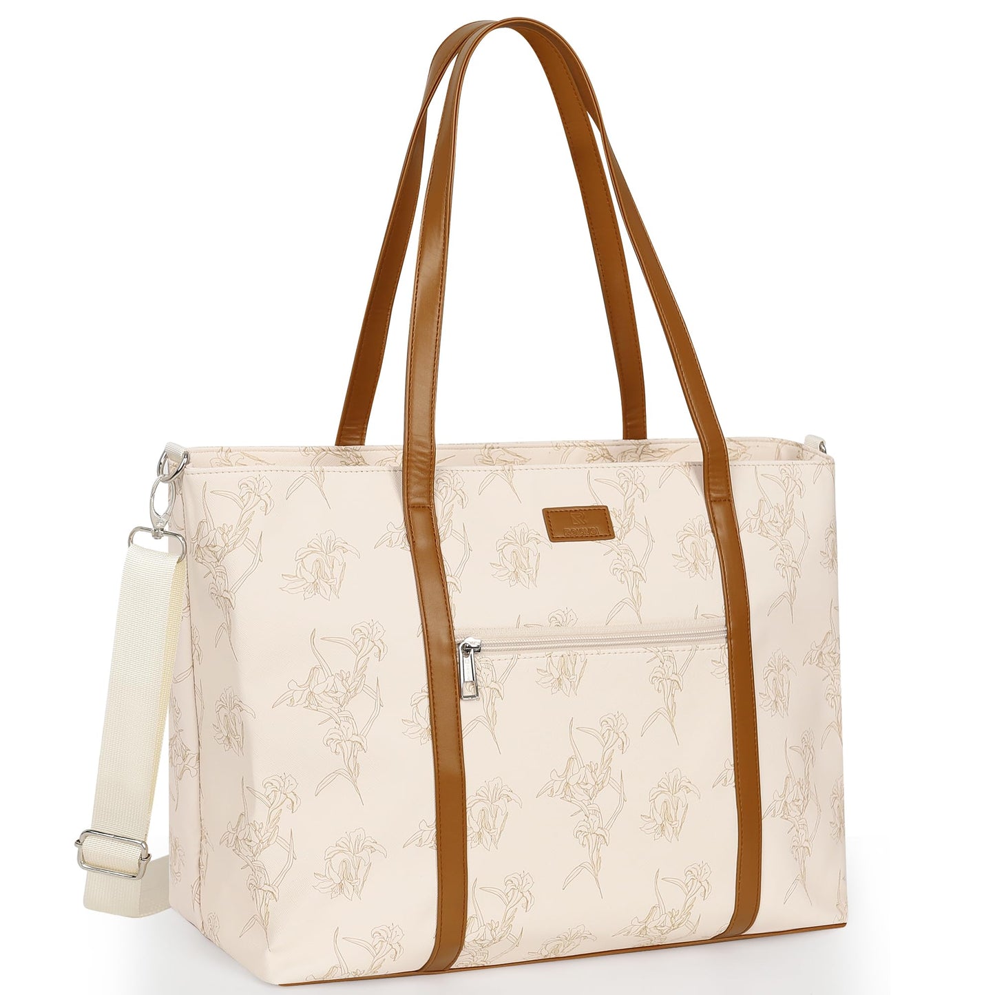 Laptop Bag for Women 17 Inch, Leather Laptop Tote Bag Waterproof Computer Bag Office Work Bag Business Briefcase with Compartment&Shoulder Straps (Beige/Brown Flower)