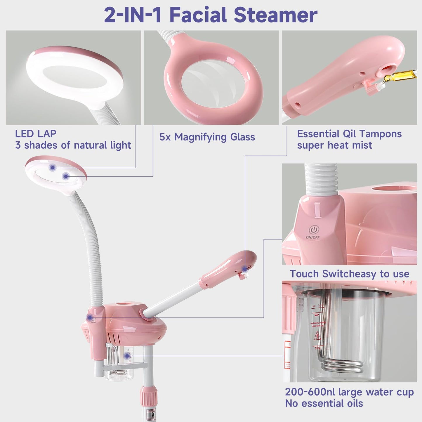 Professional Facial Steamer, 2In1 Face Steamer on Wheels for Facial Deep Cleaning, SPA Facial Steamer for Esthetician with 5X Magnifying Lamp, Stand Face Steamer with Time Setting, Pink