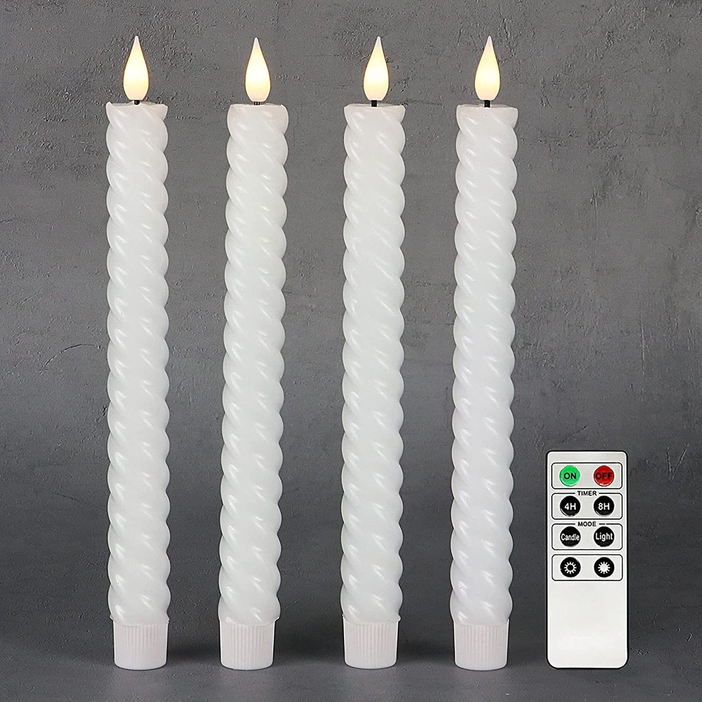 Rhytsing 10" White Flameless Twist Taper Candles with Timer, Battery Operated Spiral Taper Candles, Warm White Light, Remote & Batteries Included - Set of 4