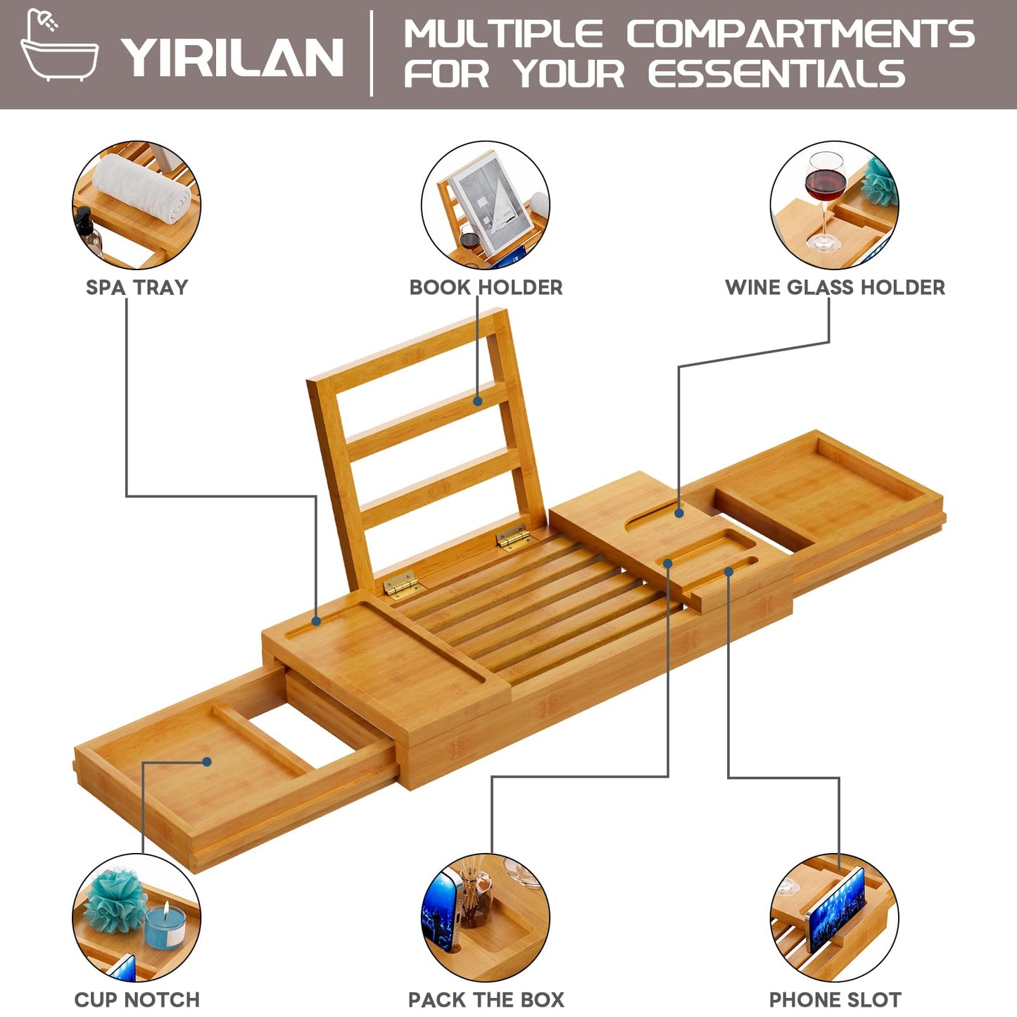 Yirilan Bamboo Bathtub Tray, Expandable Bath Tray for Tub, Bathroom Trays for Bathtub, Bathtub Caddy, Gift for Loved Ones (Bamboo)