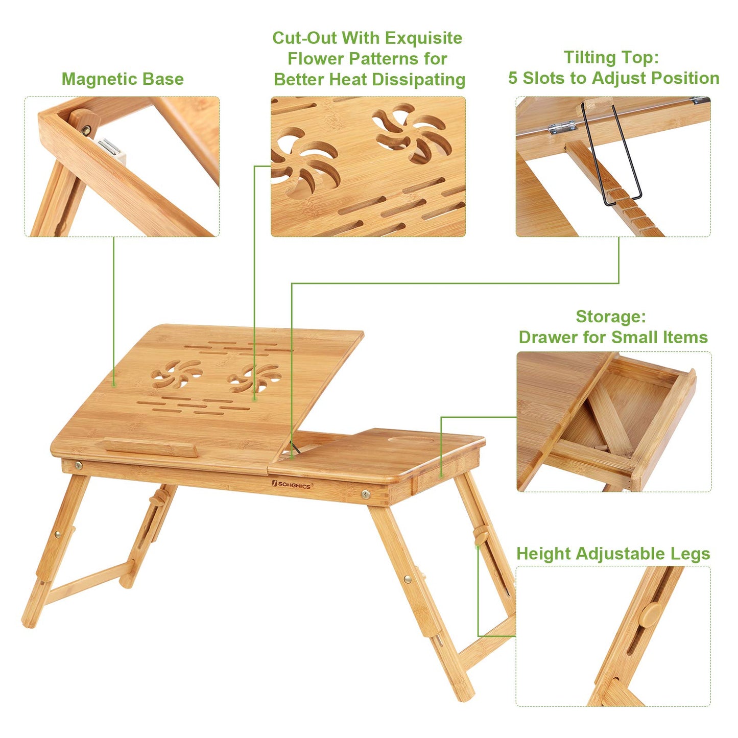 SONGMICS Bamboo Laptop Desk Serving Bed Tray Breakfast Table Tilting Top with Drawer ULLD001