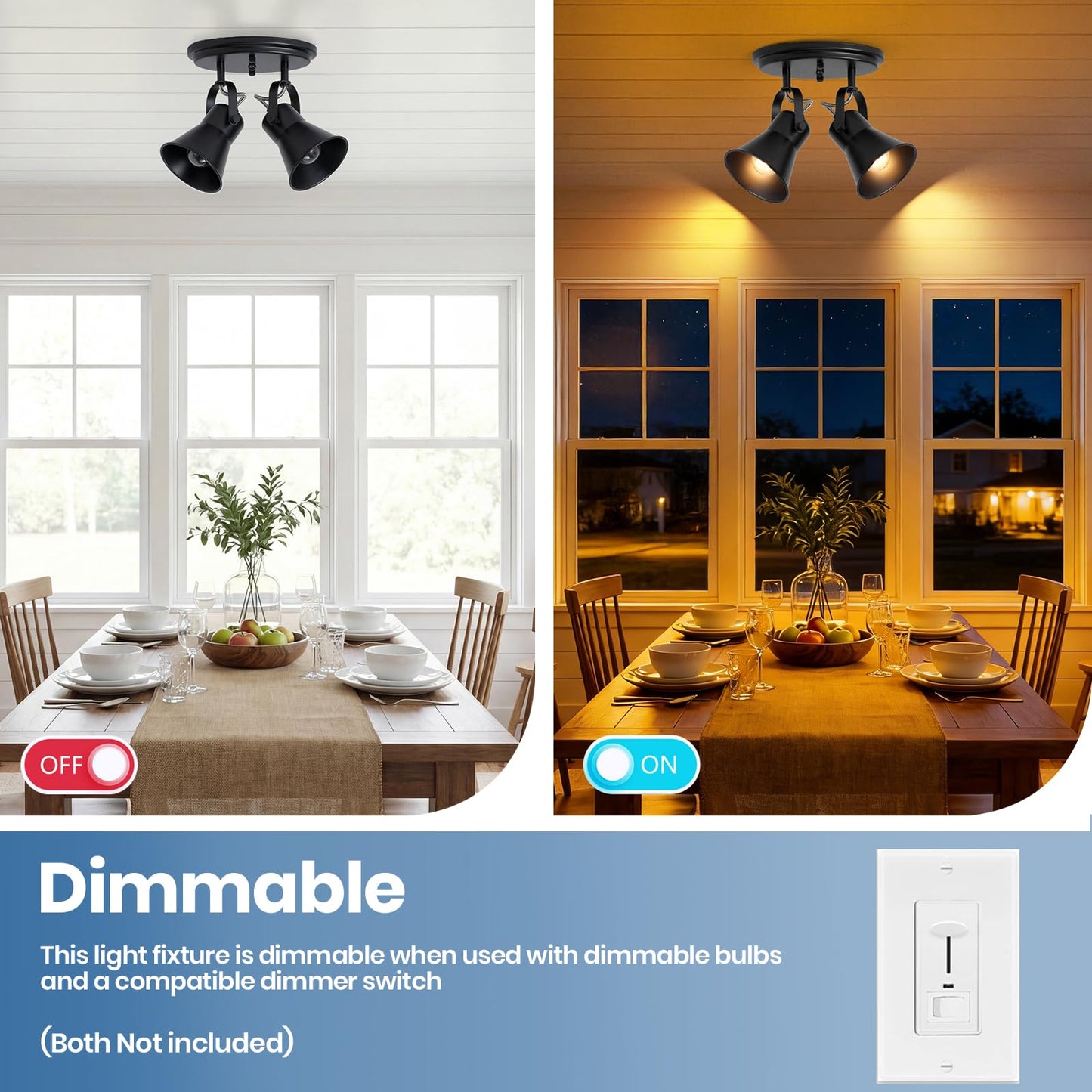 SEEBLEN Black Kitchen Lighting Fixtures Ceiling, 2-Light Adjustable Track Light, Flush Mount Directional Ceiling Light for Hallway, Dining Room, Bathroom