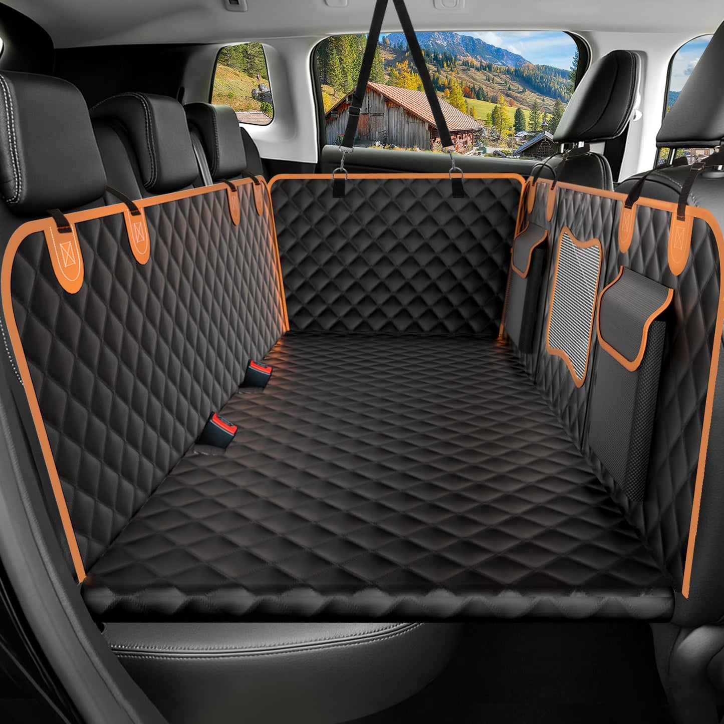 Chioratree Back Seat Extender for Dogs - Hard Bottom,Waterproof Dog Car Seat Cover for Back Seat Holds 450 lbs - Detachable, Scratch-Proof and Anti-Slip Dog Hammock for Cars, SUVs and Trucks,Black