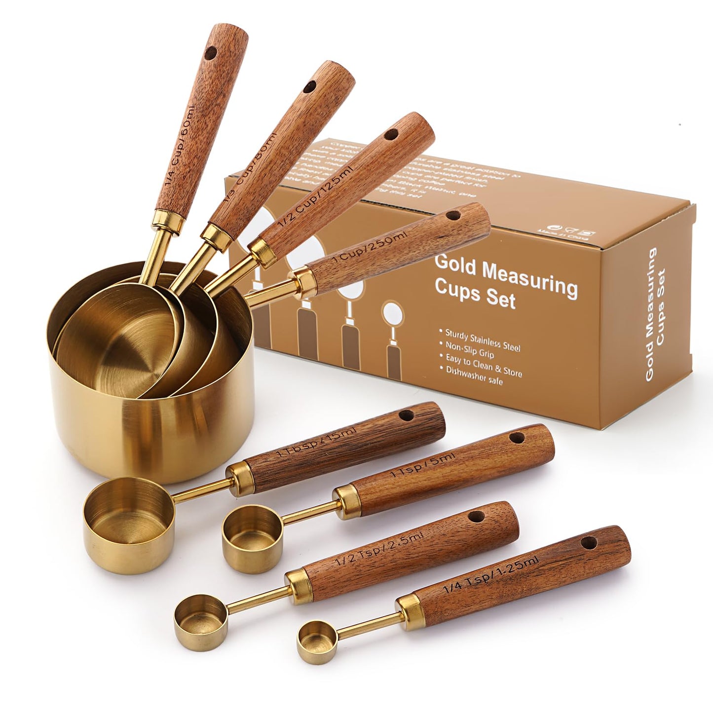 Gold Measuring Cups and Spoons Set with Wood Handles, Premium Stainless Steel Measuring Spoons and Measuring Cups Set 8 Pcs (Gold)