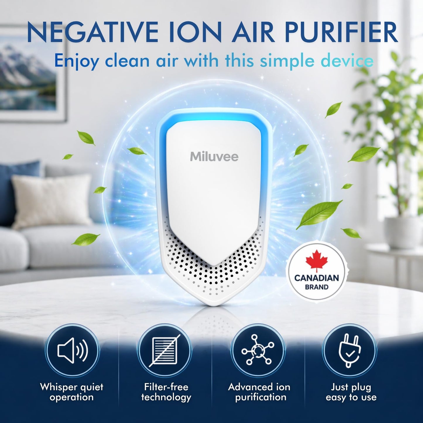 Miluvee Premium Plug In Air Ionizer (2 Pack), Negative Ion Air Purifier for Bedroom, Kitchen & Office | Air Cleaner for Smoke, Dust, Pollen, Pet Dander & Allergen, Mini Odor Eliminator & Air Freshener