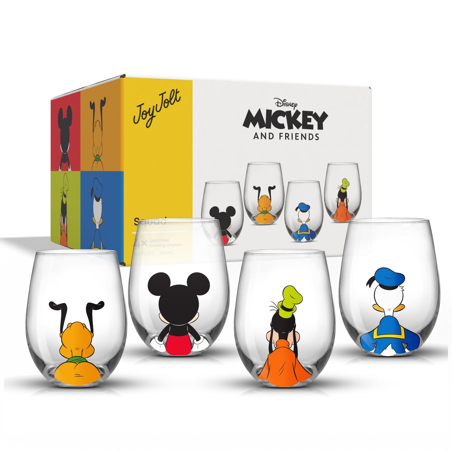 JoyJolt Disney Mickey Mouse Squad Collection Tumblers. 15oz Stemless Wine Glasses Set of 4 Stemless Drinking Glasses. Gifts Stuff, Wine Glass Mickey Mouse Cup Set