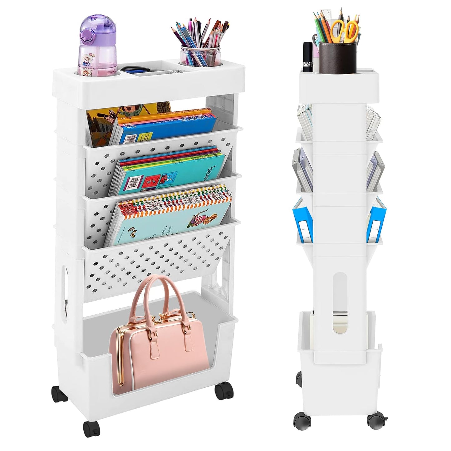 Rolling Bookshelf Cart, 5 Tier Multi-Functional Movable Book Cart, Mobile Bookshelf on Wheels with Pen Holder for Office, Dorm, Classroom, Kitchen
