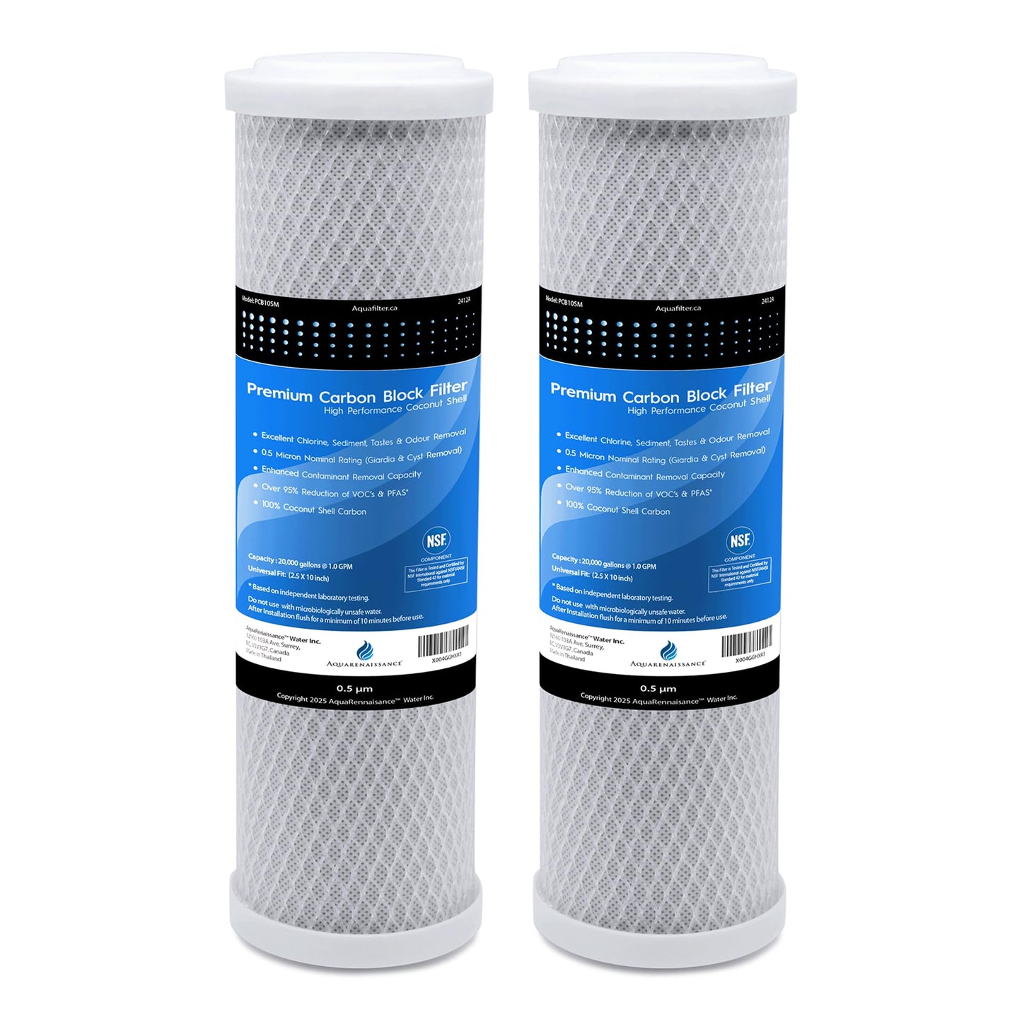 AquaRenaissance Premium 0.5 Micron Carbon Block 2.5 x 10 inch CTO Water Filter Replacement Cartridge, 95% VOC & PFAS Reduction, for Under Sink and Reverse Osmosis Water Filter Systems, NSF 42, 2 Pack