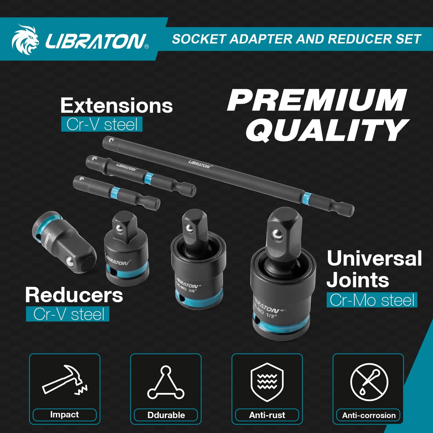 LIBRATON 20PCS Socket Adapter and Reducer Set, Impact Socket Adapters, Includes Cr-V Reducers, Cr-Mo Universal Joints, Cr-V Socket Adapter Extension, XPE Foam, for Automotive Repair DIY Project