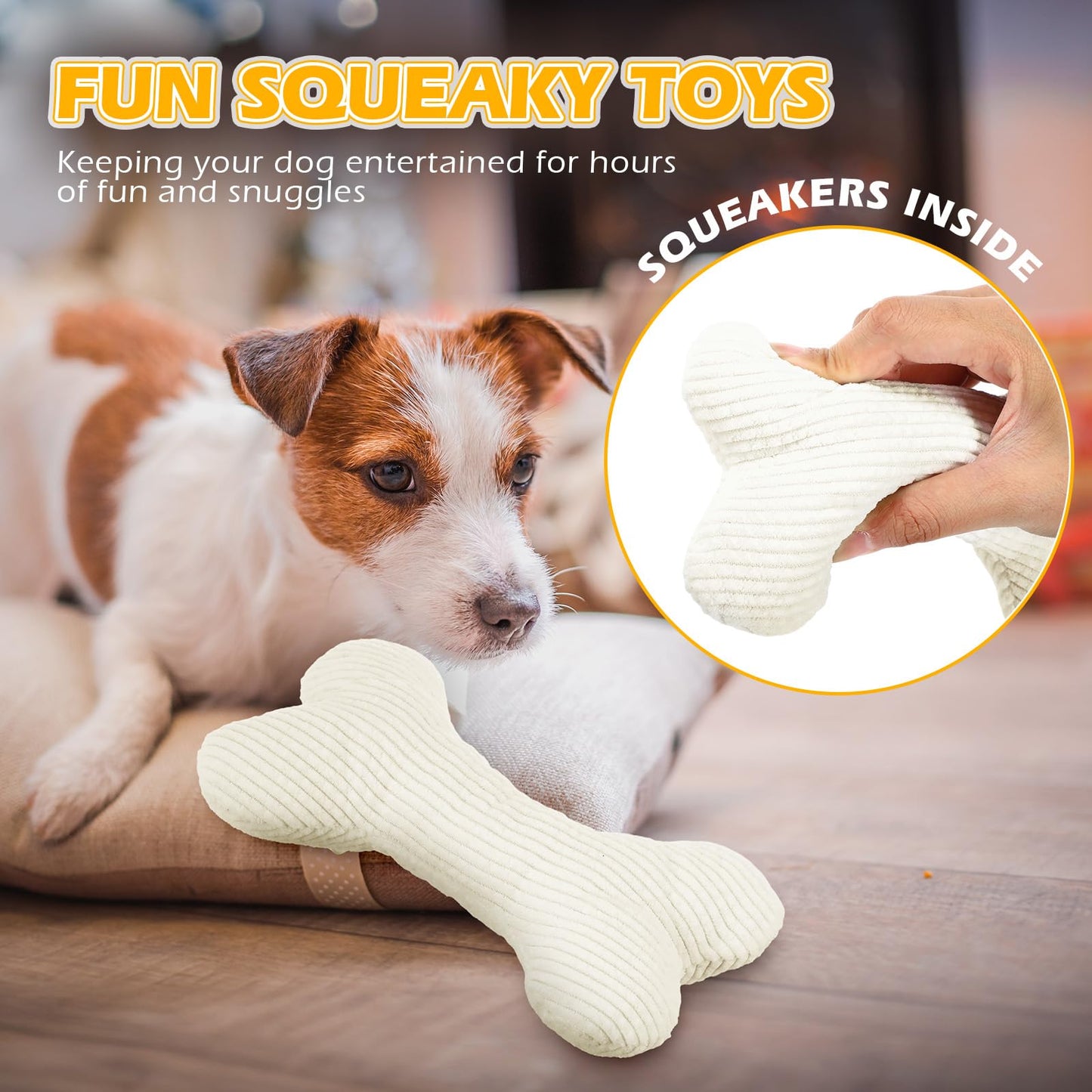 Poen 6 Pcs Bone Shaped Plush Squeaker Dog Birthday Toy Soft Stuffed Calming Toy with Squeaker for Small Medium Pet Dogs Puppy Chew Claw Interactive Fetch, 8. 27 x 4. 72 Inch White