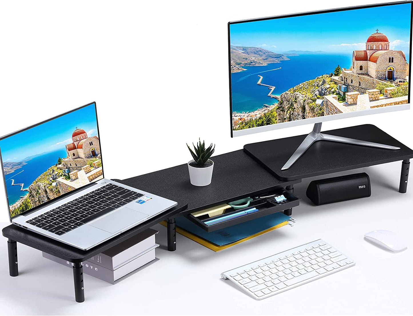 ETHU Dual Monitor Stand Riser for Desk, Computer Desk Monitor Stands for 2 PC monitors, Computer, Laptop and Printer, 3 Adjustable Shelf Length and Angle Desktop Stand with Phone Holder and Drawer, Office Supplies, Computer Accessories(Black)